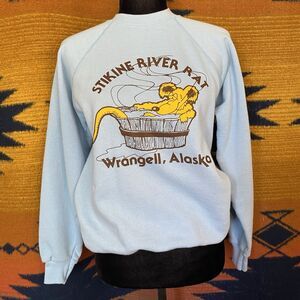 Vintage 70’s Crewneck Graphic Sweater. Stikine River Rat. Size Medium. USA. Rare